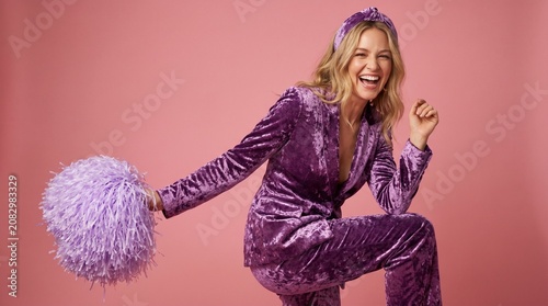 portrait of a smiling woman in a purple velvet outfit holding a lavender pompom