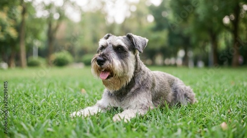 Adorable Miniature Schnauzer Dog Relaxing on Lush Green Grass in a Park.