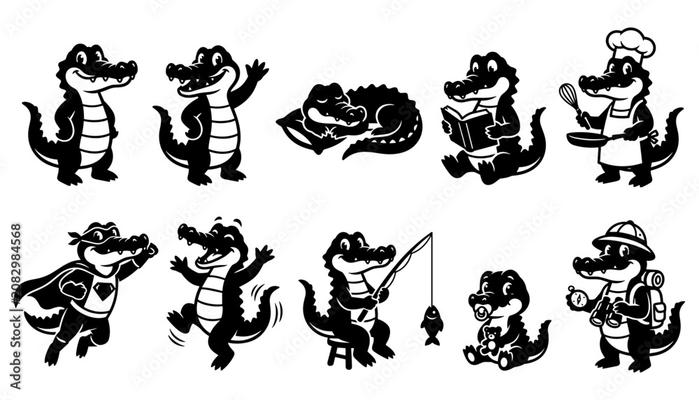 Fototapeta premium Alligators in Various Professions and Activities Illustrated in Black and White Featuring Alligator, Cartoon, Illustration