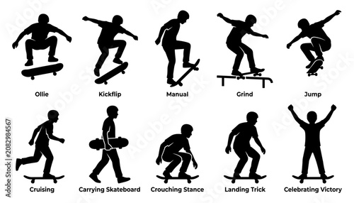 фотографія Skateboard Tricks and Actions Illustrated in Black Silhouettes Featuring Ollie,