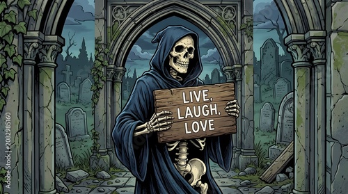 Grim reaper holding a wooden sign that says live, laugh, love in a spooky cemetery graveyard setting