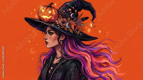 Digital illustration of a beautiful witch with long purple and pink hair wearing a hat decorated with a glowing jackolantern and flowers