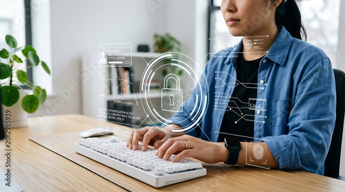 Professional woman typing on keyboard with digital lock and security analytics interface in home office