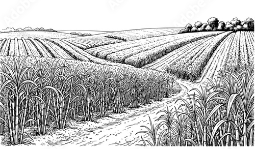 Obraz na plátně Hand Drawn Sugar Cane Plantation Vector with Vintage Black and White Farm Sketch