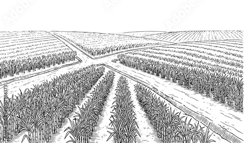 Schilderij op canvas Black and White Sugar Cane Plantation Sketch Vector Illustration