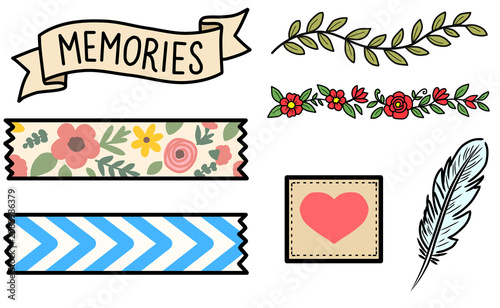 Hand drawn scrapbook elements set with memories banner, ribbon, floral patterned ribbons, heart patch, feather and decorative leaf and flowers borders isolated illustration