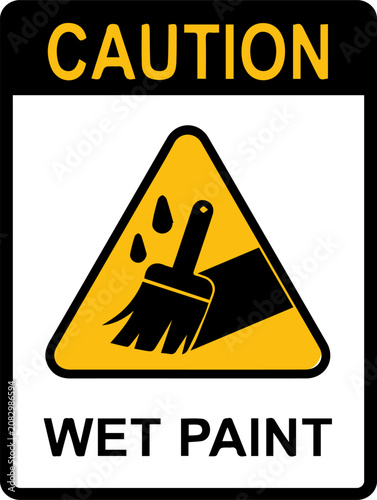 Caution wet paint warning sign with paintbrush icon and triangle hazard symbol
