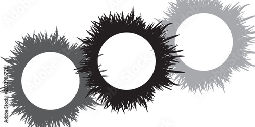 Grunge Circular Frames Trio With Spiky Sunburst Borders For Graphic Design And Decorative Use