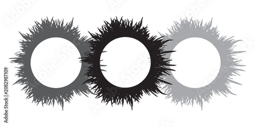 Grunge Circular Frames Trio With Spiky Sunburst Borders For Graphic Design And Decorative Use