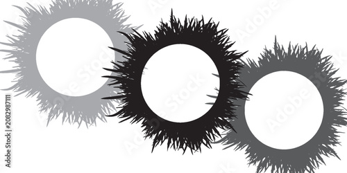 Grunge Circular Frames Trio With Spiky Sunburst Borders For Graphic Design And Decorative Use
