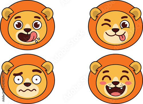 Cute Cartoon Lion Cub Face Avatar Emoji Icon Set with Various Expressions Like Hungry Winking Worried and Happy Smiles Vector Illustration