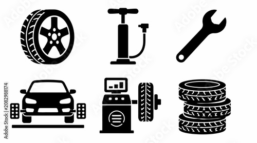 Set of automotive tire service and wheel repair black flat icons