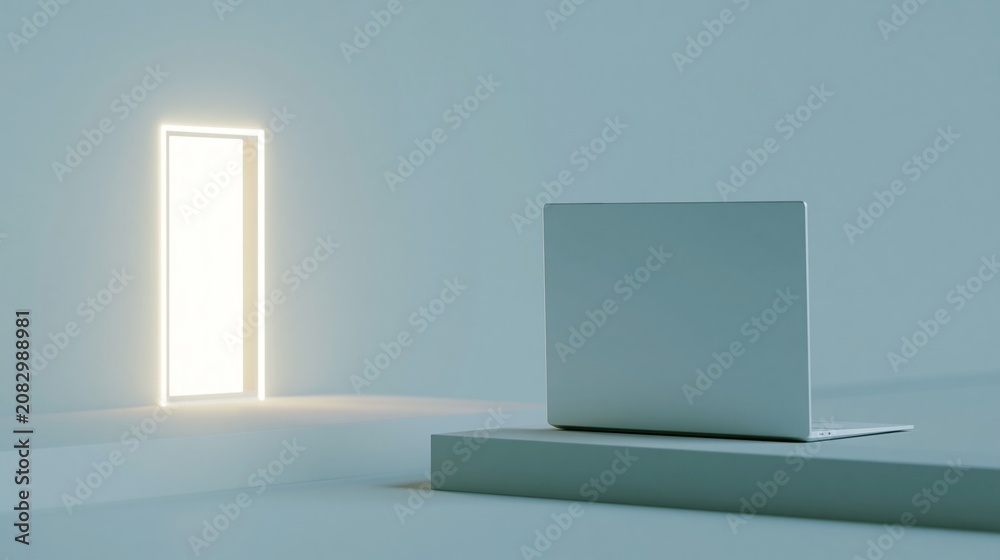 Fototapeta premium Minimalist laptop with glowing door background