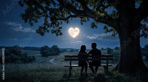 Couple Silhouetted on Bench Under Heart Moon 1.