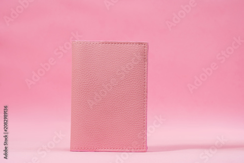 Pink passport cover standing on pastel background with copy space