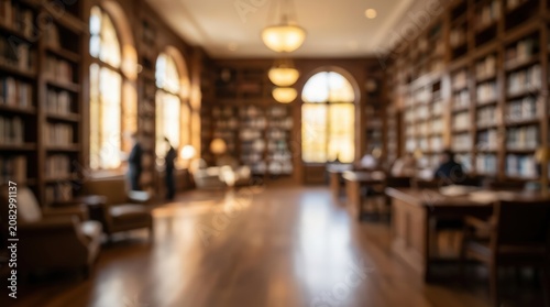 Blurred library interior bookshelf wooden floor study room education background knowledge learning university research workspace academic library