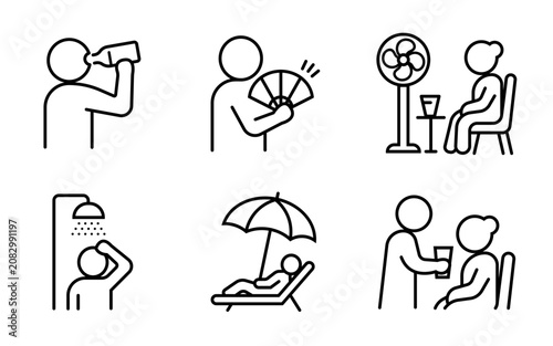 Set de pictogrammes minimalistes sur les bons réflexes en cas de canicule : boire de l’eau, rester au frais, prendre une douche, se protéger du soleil et aider les personnes âgées