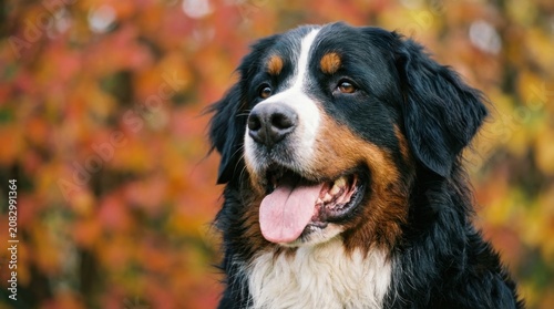 Majestic Bernese Mountain Dog Portrait with Autumnal Foliage Background, Close-up View.