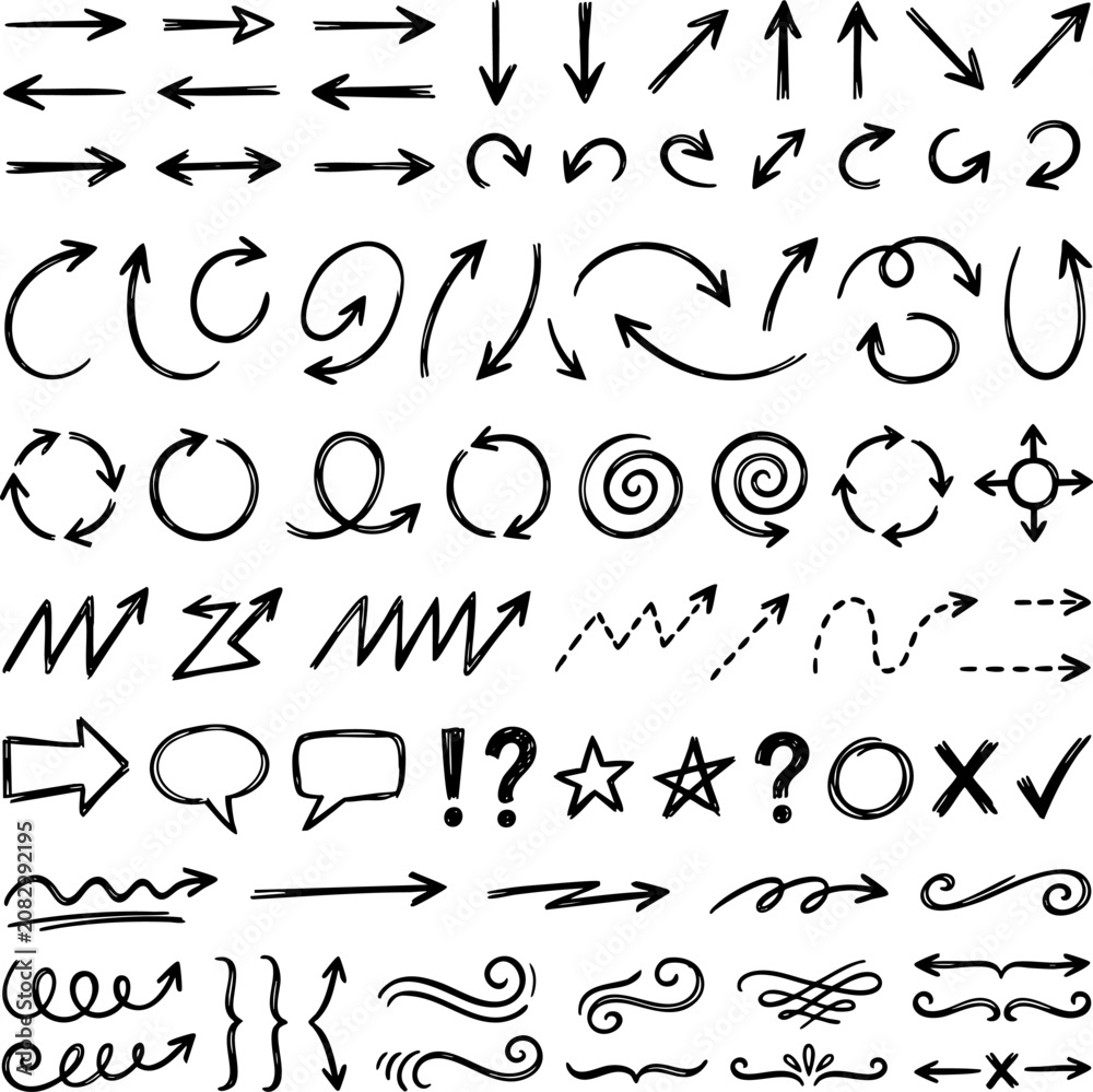 Obraz premium Large collection of hand drawn arrow sketches and decorative design elements with sketches, elements