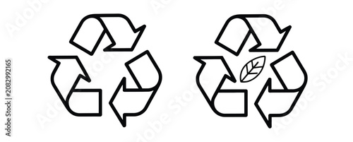 Obraz na płótnie Recycling symbol icons featuring linear leaf designs, minimalist eco-friendly disposal signs, environmental protection, and sustainable management concepts
