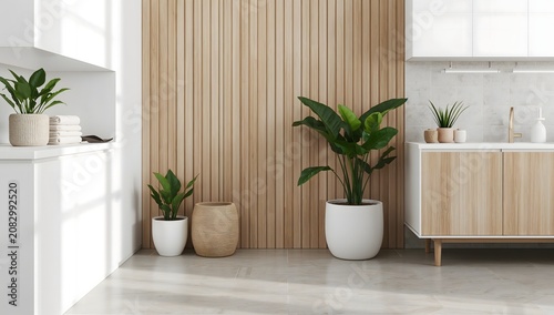 Bright spa bathroom with wood slat wall and indoor plants