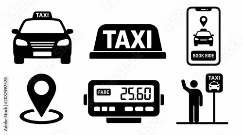 Taxi and Ride Sharing Icons Set, Flat Black Transportation Symbols