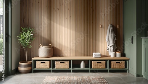 Modern mudroom with wood slat wall and green storage bench