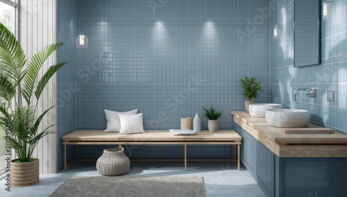 Blue tiled bathroom with wood bench and double vessel sinks