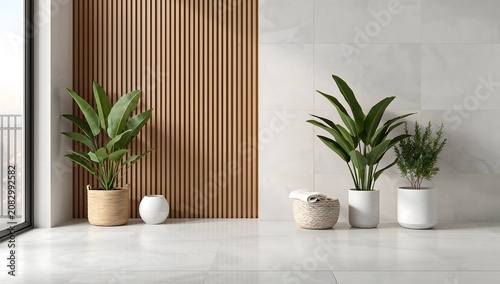 Bright entryway with wood slat wall and marble tile wall