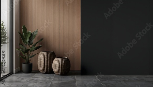Modern dark entryway with wood panel wall and basket planters