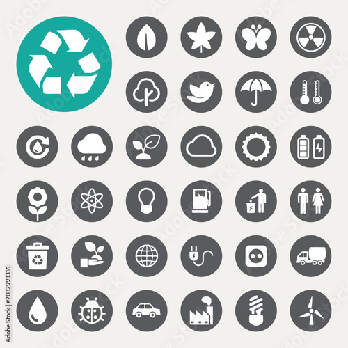 Collection of Various Icons and Symbols in Circular Design on Dark Background Vector Illustration