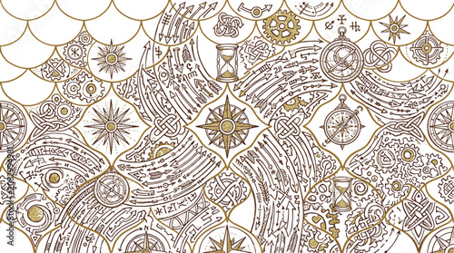 Canvastavla Seamless pattern of elegant golden compass roses and astronomical navigation ico