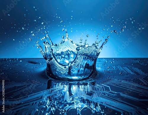 Crystal clear water crown splashes on a circuit board, reflecting blue
