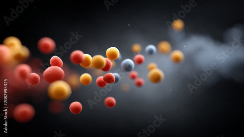Abstract particle wallpaper of floating sphere cluster and soft smoke glow in dark space