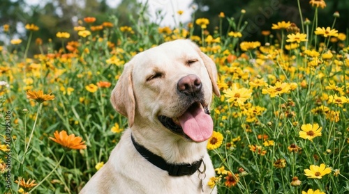 Happy Labrador Retriever Dog Smiling in a Field of Yellow Flowers on a Sunny Day.