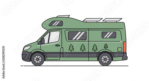 A green camper van with trees on the side is parked outdoors.
