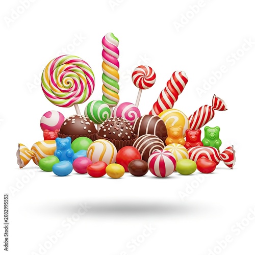 Assortment of Colorful Candies and Sweets on White Background.