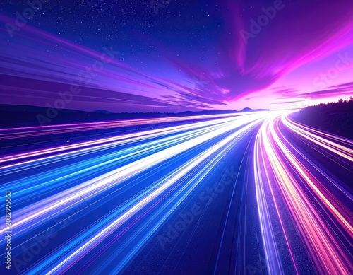 Streaking lights on a highway curve under a vibrant twilight sky