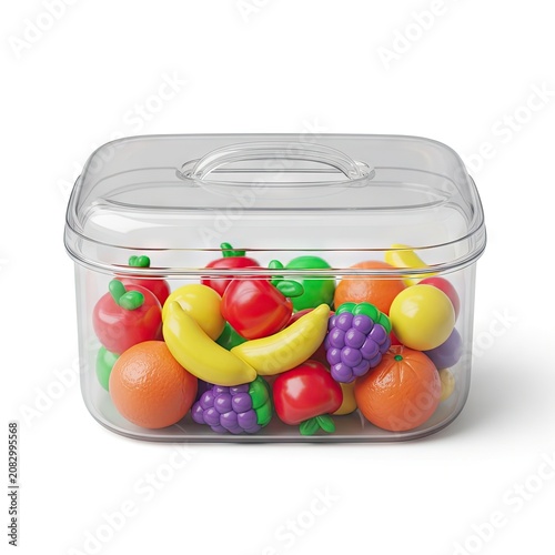 Colorful Plastic Toy Fruits in Clear Storage Container.