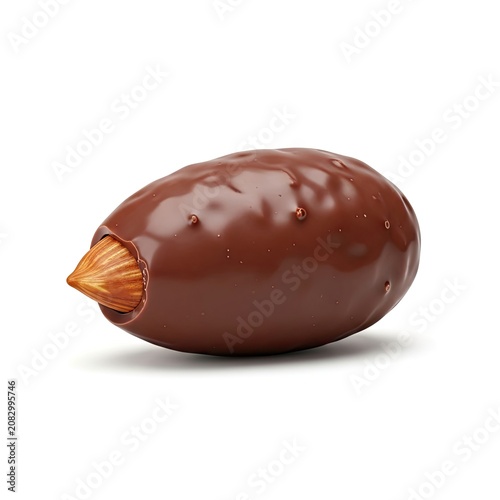 Single chocolate-covered almond on a pristine white background.
