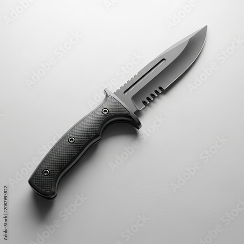 Tactical Fixed Blade Knife with Serrated Edge and Dark Handle on White Background.