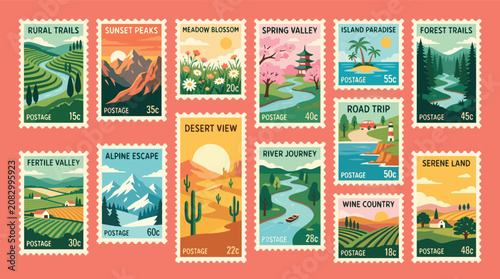 Quadro em tela Collection of vintage postage stamp illustrations depicting various scenic lands