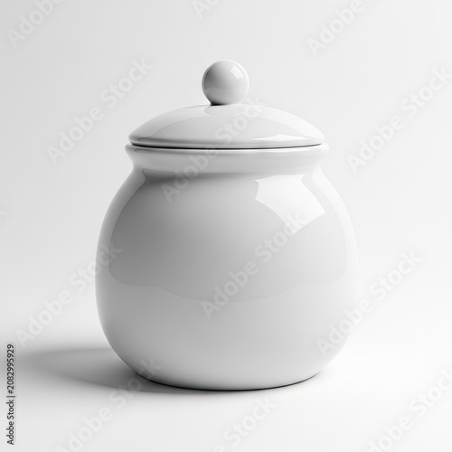 White Ceramic Jar with Lid on White Background.