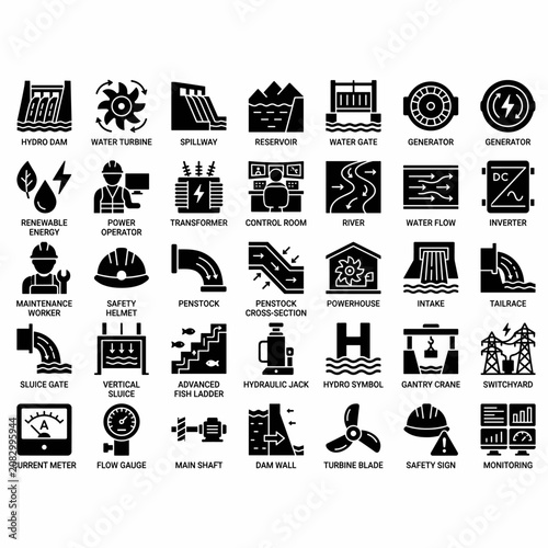 Tableau sur toile A comprehensive set of black and white icons illustrating various components and processes involved in hydroelectric power generation and dam infrastructure