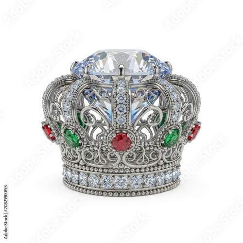 Ornate Silver Crown Adorned with Colorful Gemstones and Diamonds on White Background.