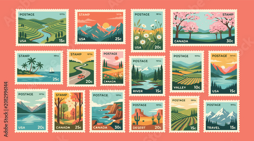Bild auf Leinwand Collection of vintage postage stamps depicting diverse scenic landscapes and nat