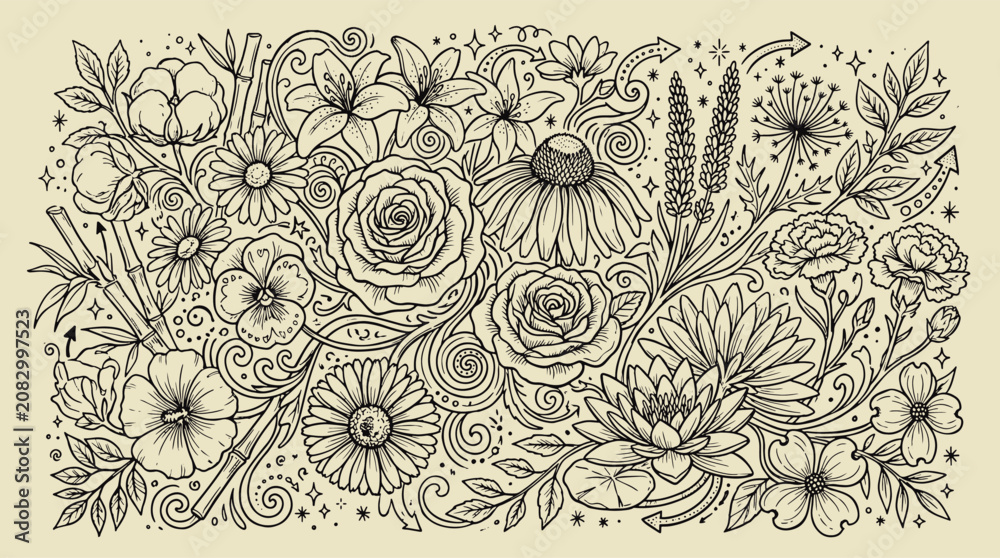Fototapeta premium Floral botanical doodle illustration featuring assorted flowers leaves and nature inspired patterns botanical blooming illustration background decorative ornamental wildflower