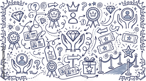 Fotografía Premium vip and luxury event doodle illustration set with red carpet and diamond