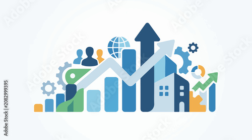 Colorful business growth infographic with graphs and symbols