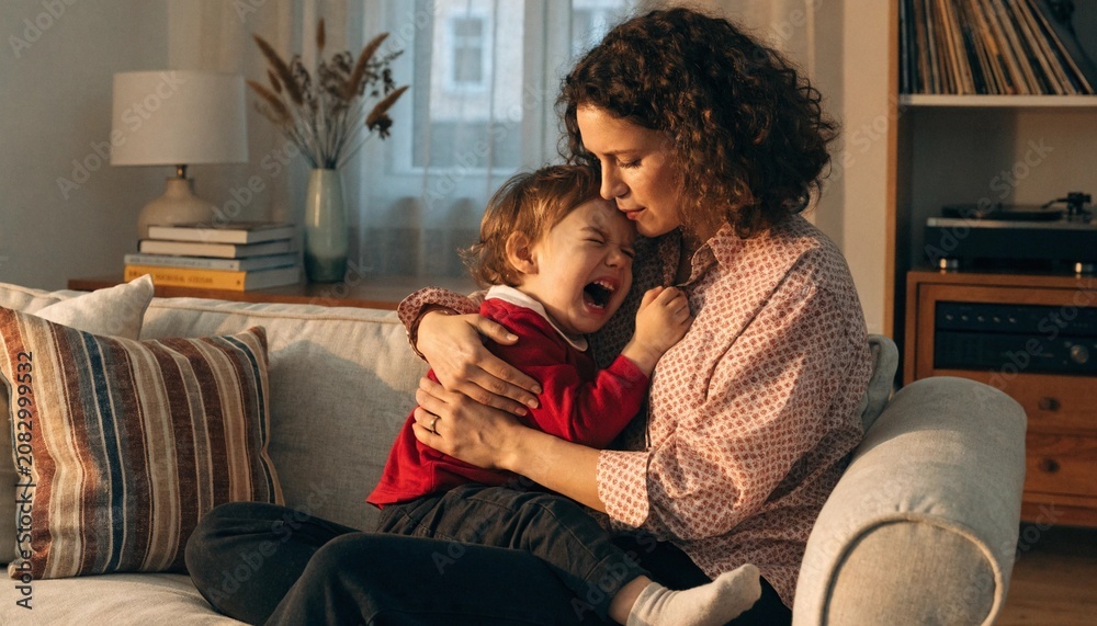 Fototapeta premium A mother cuddles her toddler on a cozy living room sofa, ideal for campaigns about parenting, family bonding, child care, and emotional support at home.